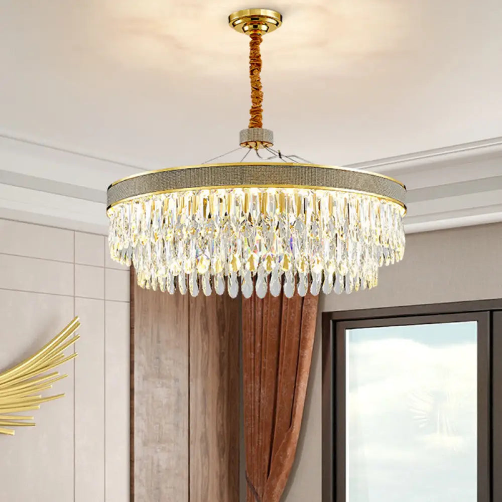 Led Hanging Chandelier - Modern Gold Finish Clear Crystal Draping 2-Layer Round Design