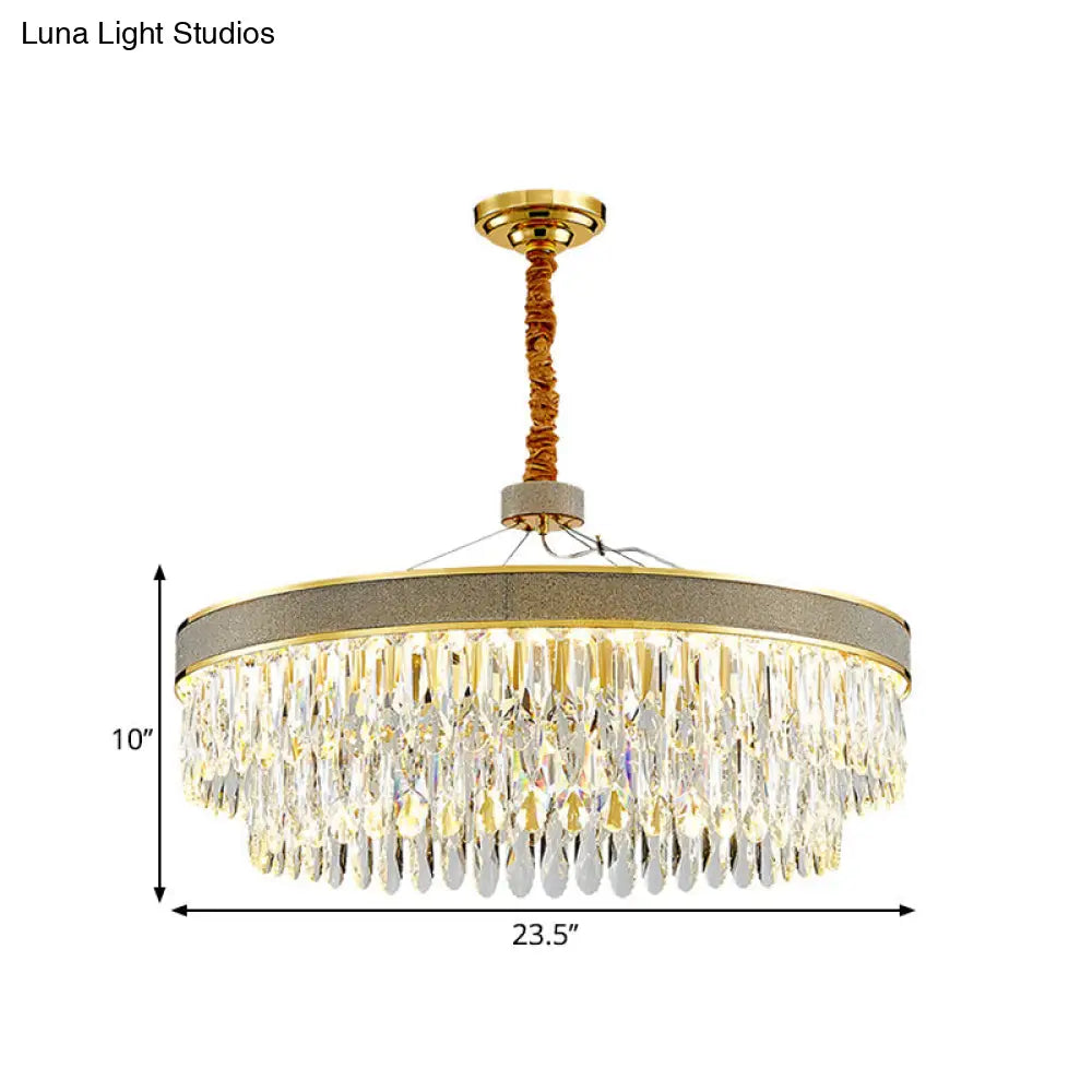 Modern Gold Finish Led Hanging Chandelier With Clear Crystal Draping - 2-Layer Round Suspension Lamp