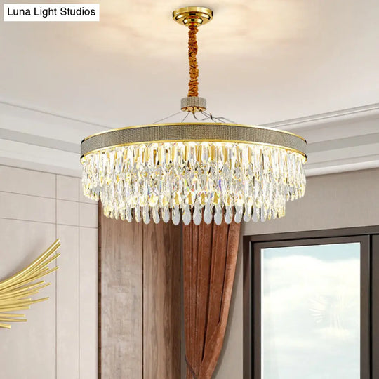 Modern Gold Finish Led Hanging Chandelier With Clear Crystal Draping - 2-Layer Round Suspension Lamp