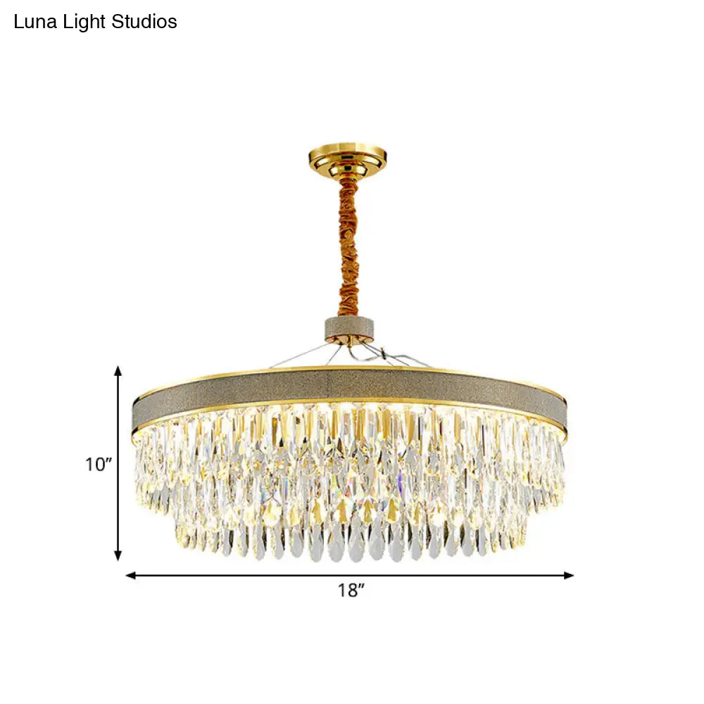 Modern Gold Finish Led Hanging Chandelier With Clear Crystal Draping - 2-Layer Round Suspension Lamp