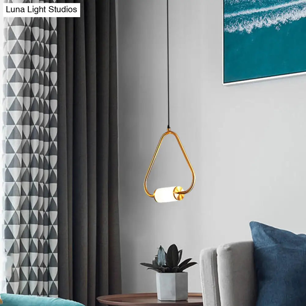 Minimalistic Led Pendant Light With White Glass Cylinder Shade - Brass Triangle/Round/Square Ceiling