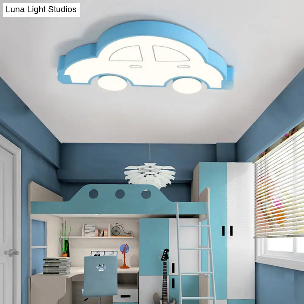 Led Indoor Flushmount Light With Car Cartoon Acrylic Shade Stylish Blue/Pink Ceiling Lamp In