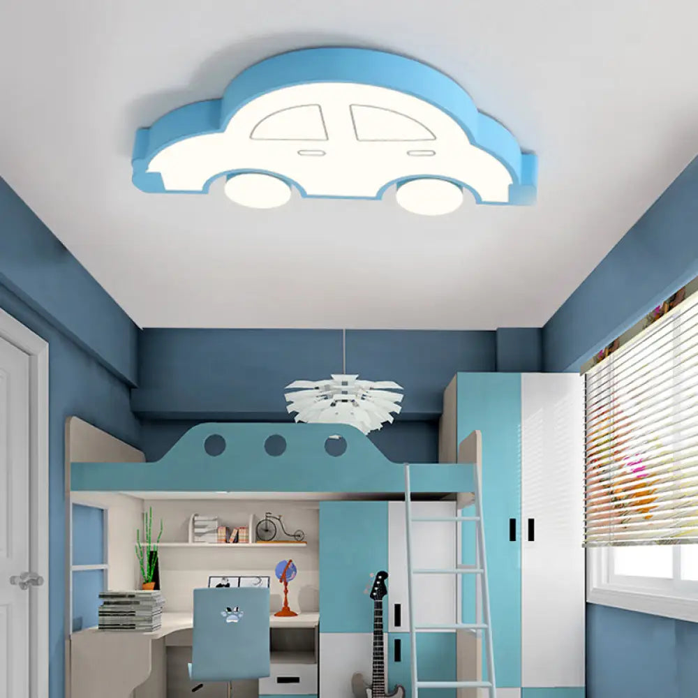 Led Indoor Flushmount Light With Car Cartoon Acrylic Shade Stylish Blue/Pink Ceiling Lamp In