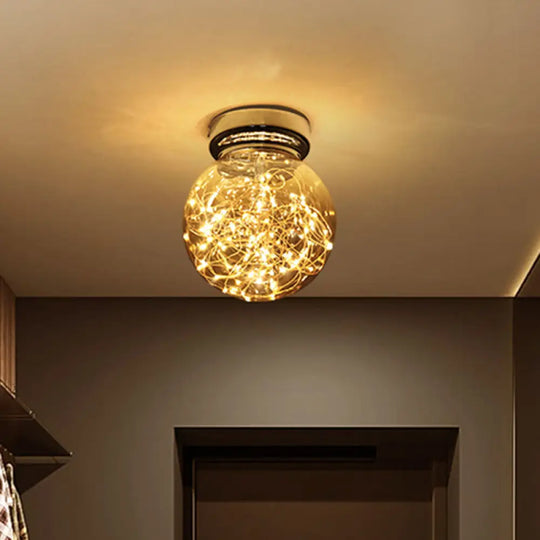 Led Kitchen Flush Mount Light - Stainless-Steel Starry Ceiling Lighting With Glass Shade Amber /