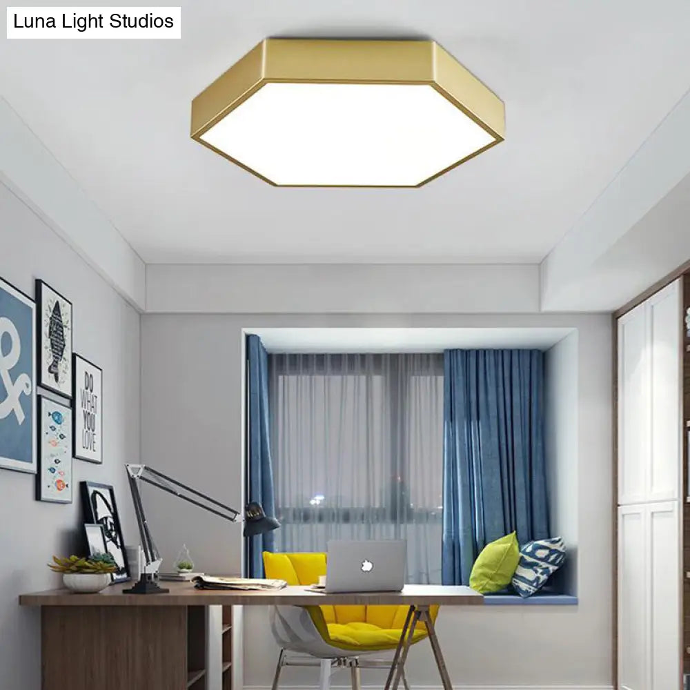 Led Living Room Ceiling Mounted Light - Gold Flush Fixture With Hexagon Metal Shade 16/19.5 W