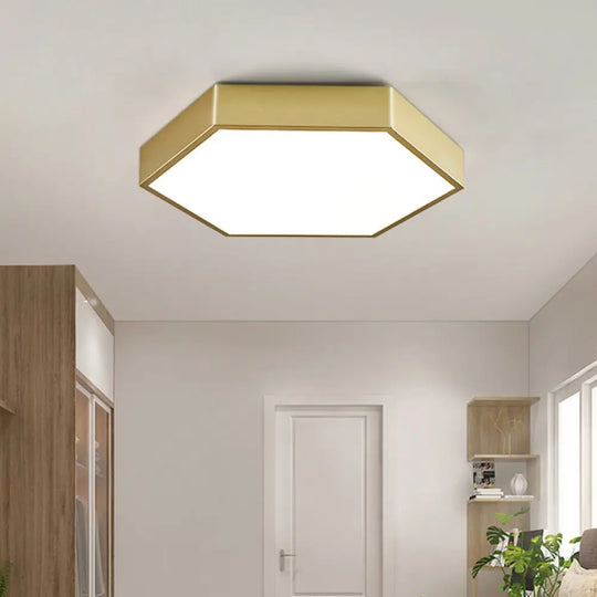 Led Living Room Ceiling Mounted Light - Gold Flush Fixture With Hexagon Metal Shade 16’/19.5’ W