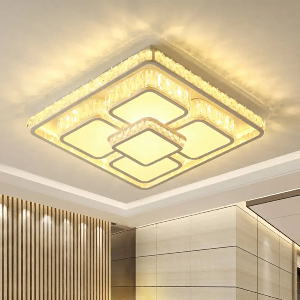 Led Modern Chrome Flush Mount Ceiling Light With Square Crystal Shade White