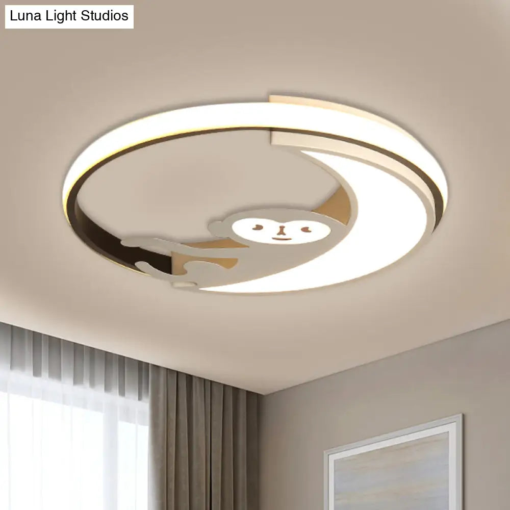 Led Monkey Cartoon Style Flush Mount Lamp - Black/White Metal Ceiling Lighting Fixture