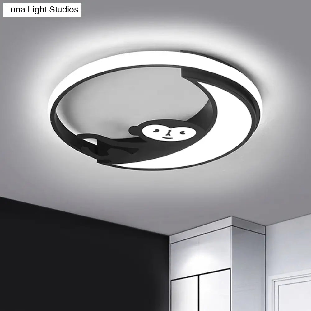 Led Monkey Cartoon Style Flush Mount Lamp - Black/White Metal Ceiling Lighting Fixture