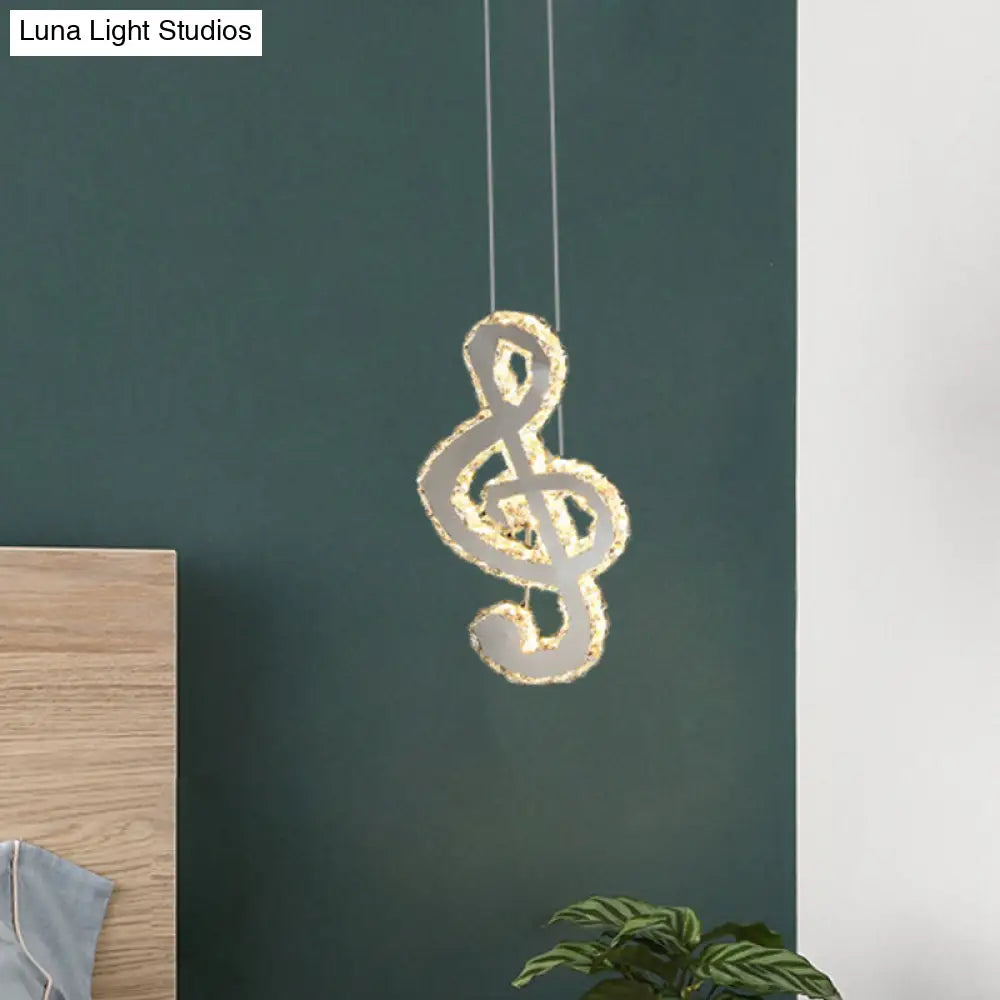 Led Music Note Pendant Light - Contemporary Stainless-Steel Clear Cut Crystal Mini Hanging Lamp