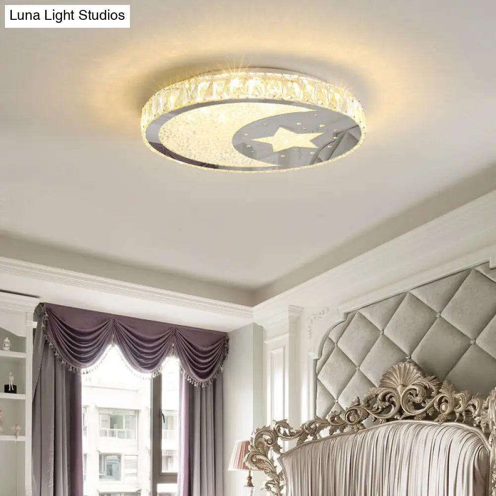 Led Nickle Flush Mount Ceiling Light With Crystal Block Shade In Warm/White Glow - Minimalist