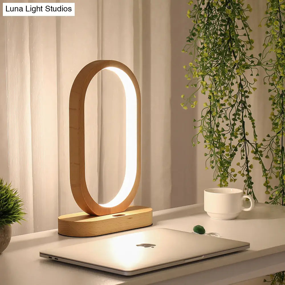 Led Nightstand Lamp - Beige Oblong Shape Contemporary Design With Wood Shade Perfect For Reading