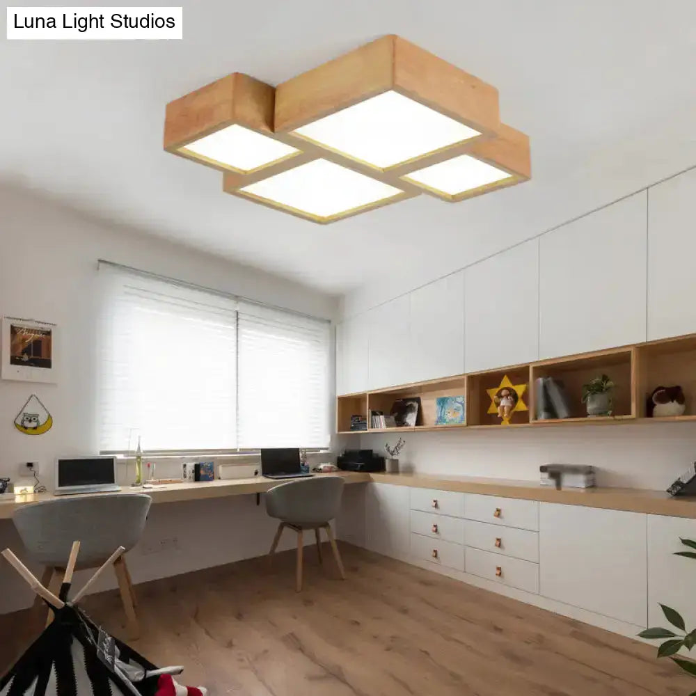 Led Nordic Wooden Flush Mount Ceiling Light In Beige