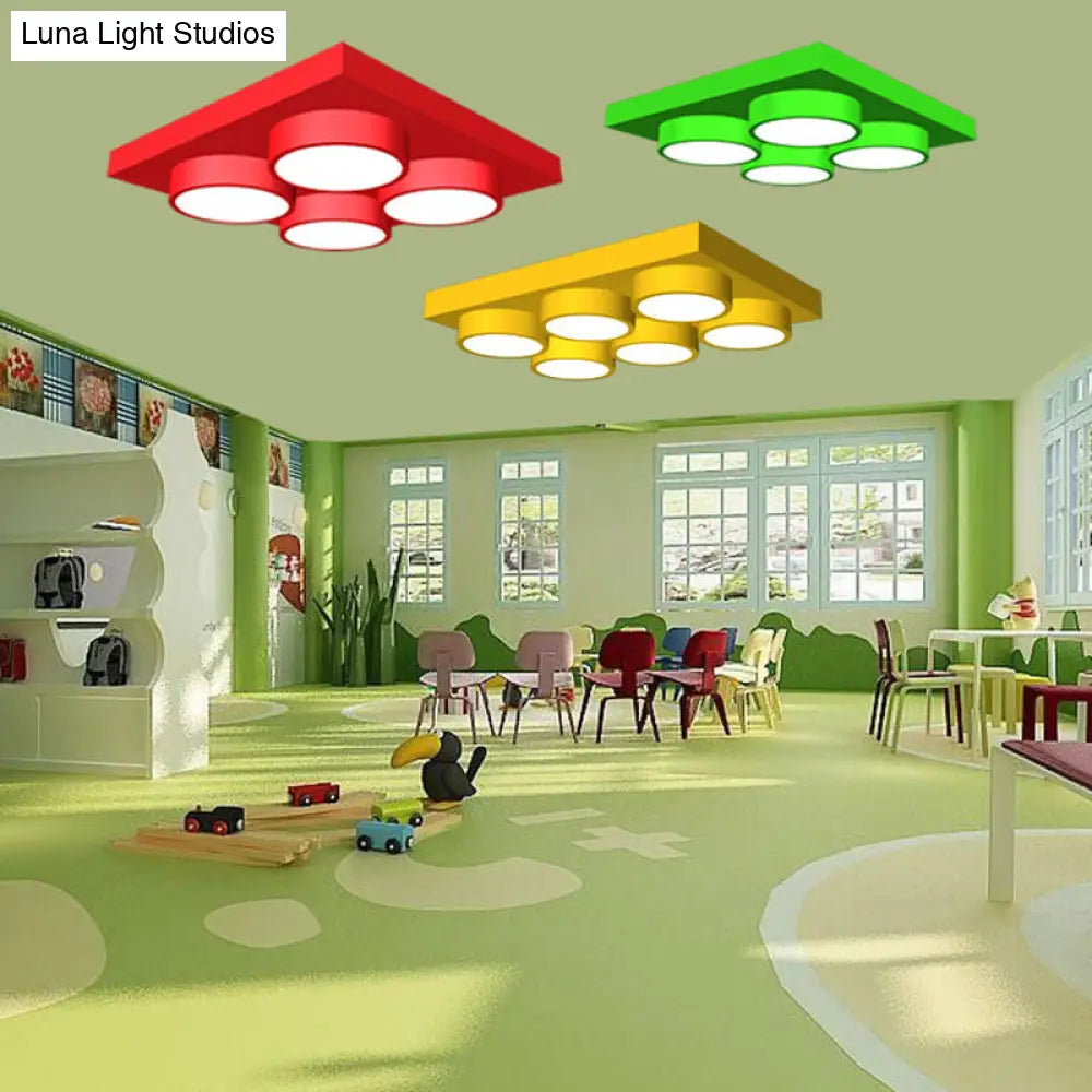 Led Nursery Ceiling Lamp - Kids Building Block Flush Mount Fixture Metal 16/19.5/23.5 Red/Green