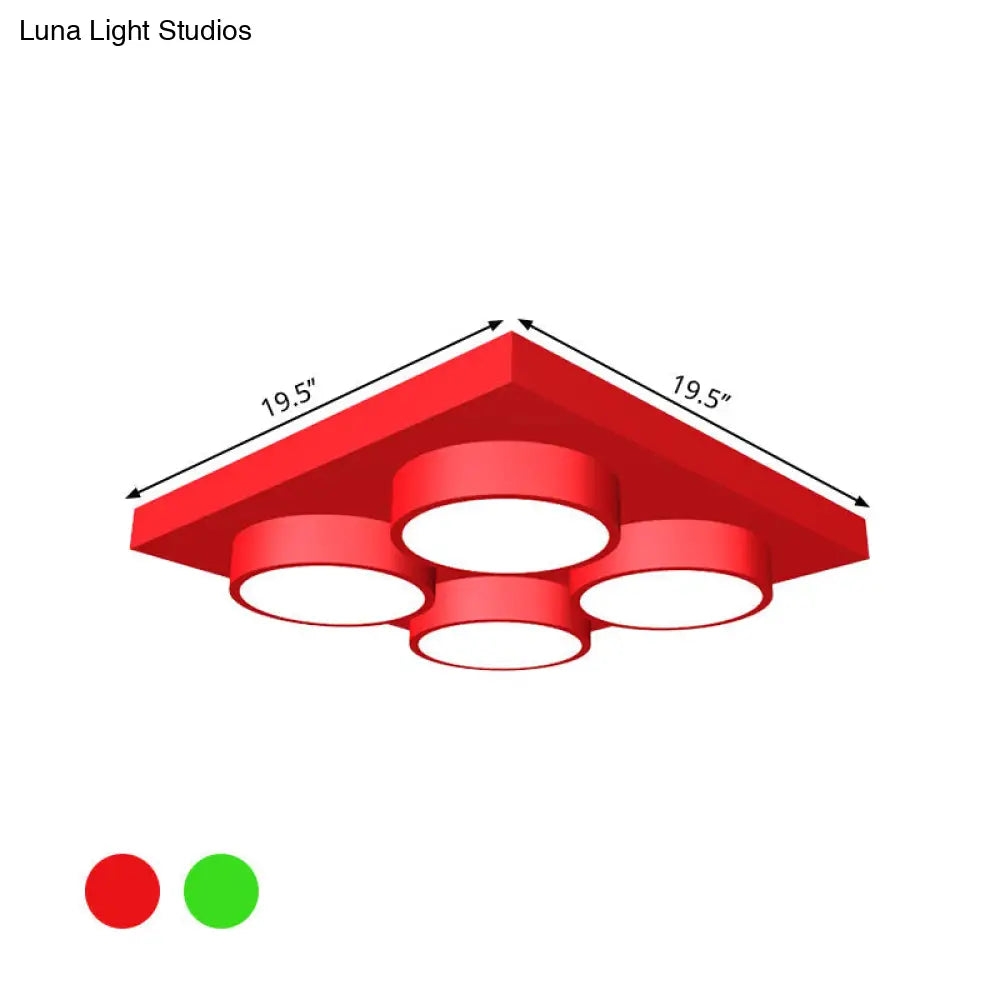 Led Nursery Ceiling Lamp - Kids Building Block Flush Mount Fixture Metal 16/19.5/23.5 Red/Green