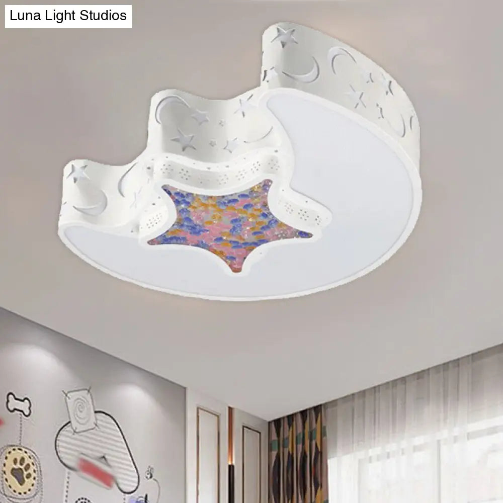 Led Nursery Flush Mount Fixture - Star And Moon Acrylic Shade Warm/White Light Simple