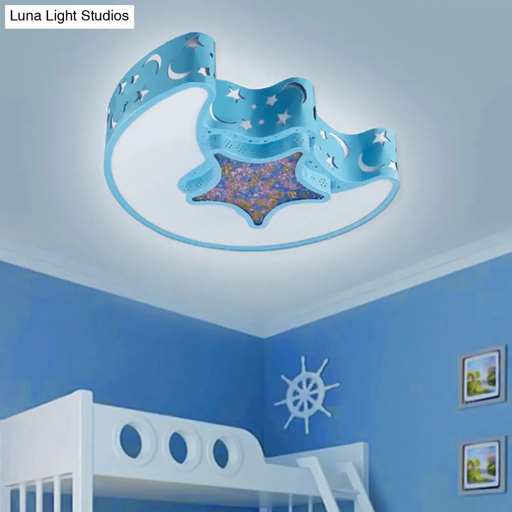 Led Nursery Flush Mount Fixture - Star And Moon Acrylic Shade Warm/White Light Simple