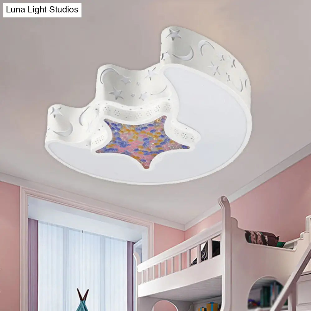 Led Nursery Flush Mount Fixture - Star And Moon Acrylic Shade Warm/White Light Simple