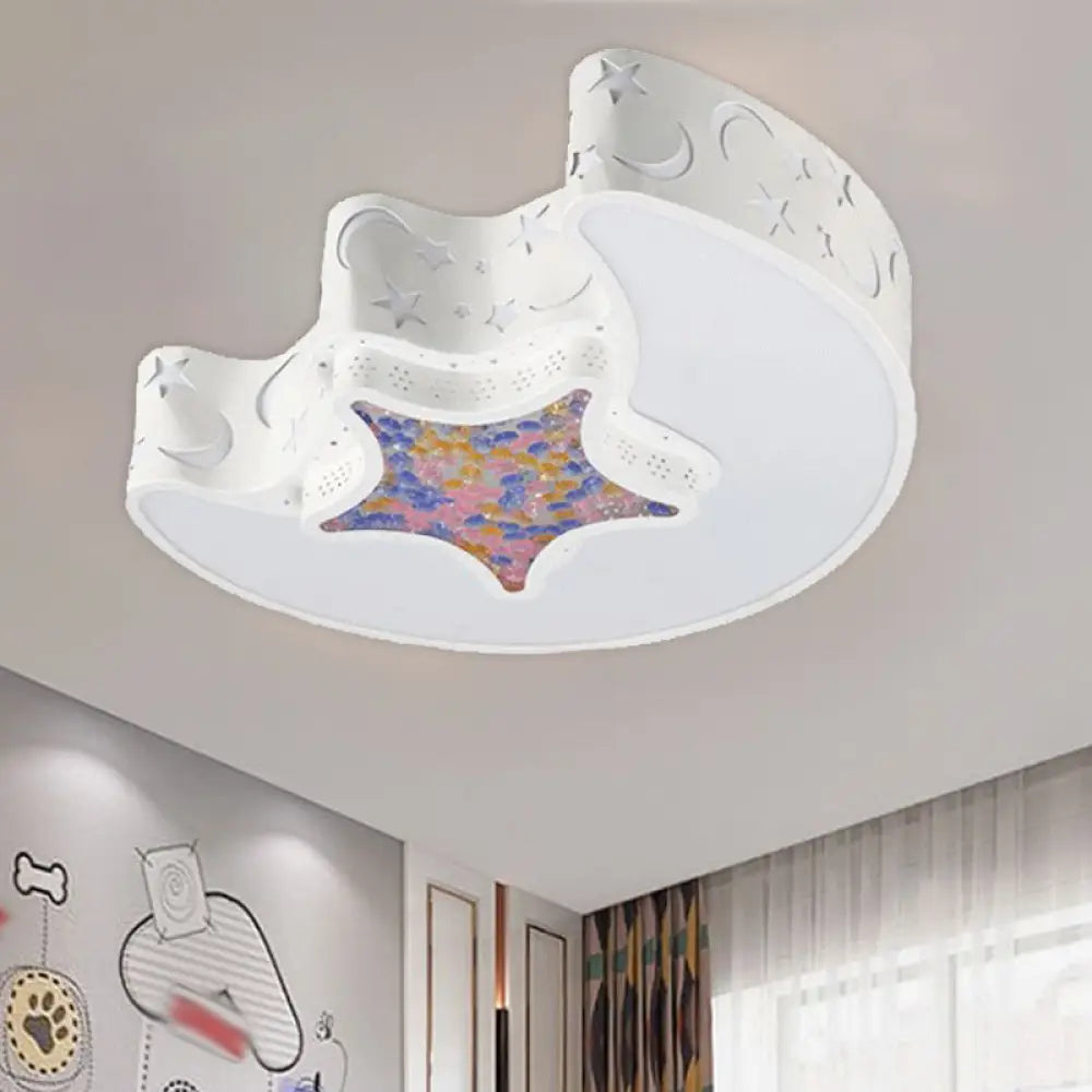 Led Nursery Flush Mount Fixture - Star And Moon Acrylic Shade Warm/White Light Simple