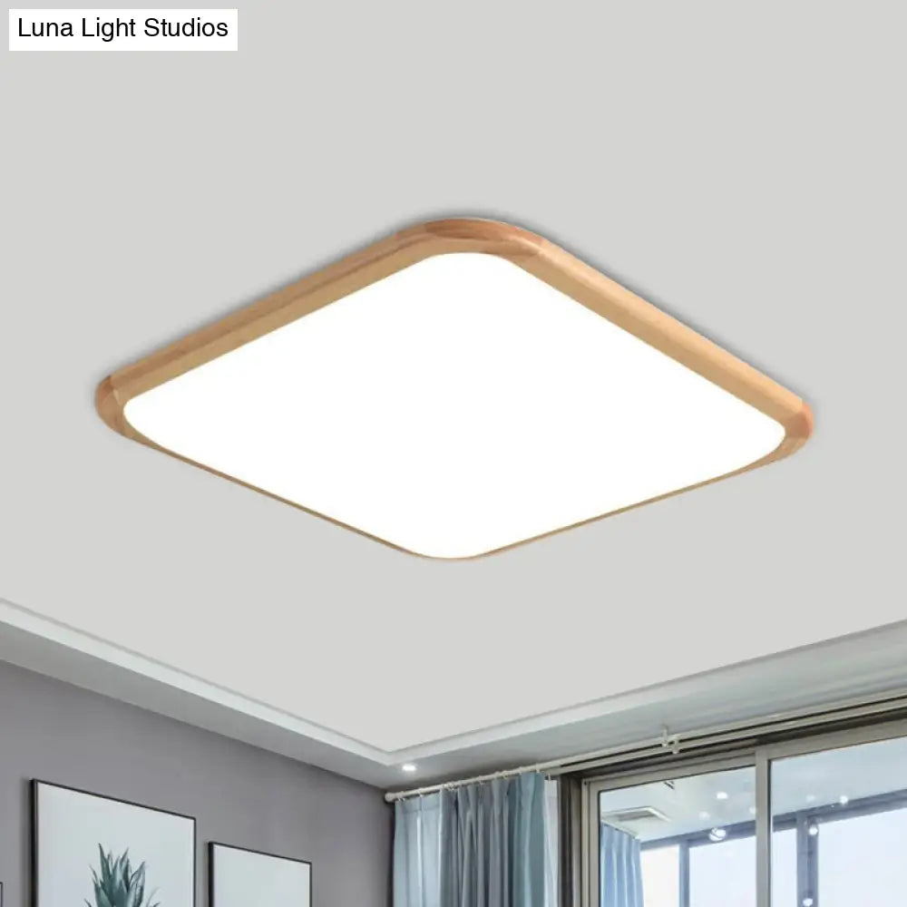 Led Parlor Ceiling Lamp Simple Beige Flush Mount Fixture With Wood Shade In Warm/White Light