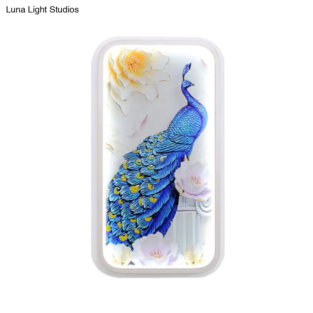 Led Peacock Mural Light Fixture - Oriental Rectangle Acrylic White