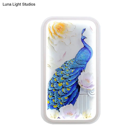 Led Peacock Mural Light Fixture - Oriental Rectangle Acrylic White