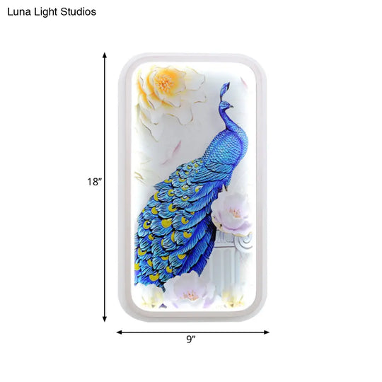 Led Peacock Mural Light Fixture - Oriental Rectangle Acrylic White