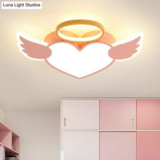 Led Pink Love Wings Ceiling Lamp With Acrylic Shade - Cartoon Flush Mount Lighting