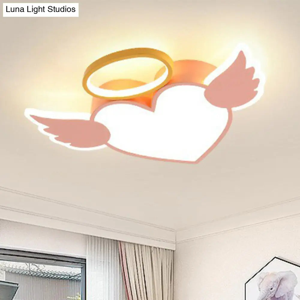 Led Pink Love Wings Ceiling Lamp With Acrylic Shade - Cartoon Flush Mount Lighting