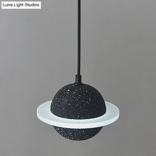 Led Planet Shaped Cement Hanging Pendant Light Fixture For Bedroom - Single Bulb Black