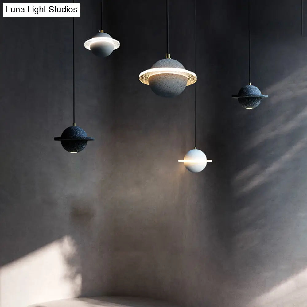 Led Planet Shaped Cement Hanging Pendant Light Fixture For Bedroom - Single Bulb