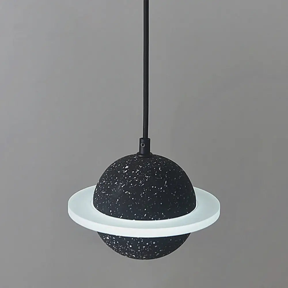 Led Planet Shaped Cement Hanging Lamp: Stylish Single-Bulb Pendant Light For Bedroom Black