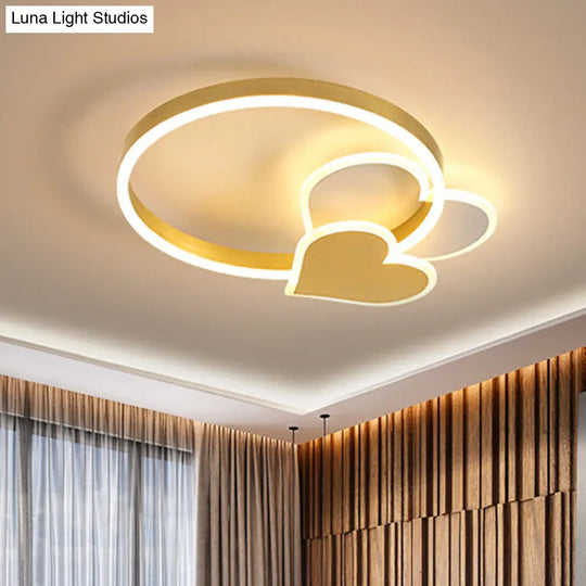 Led Ring Ceiling Light: Gold Loving Heart Flush Mount Lamp With Acrylic Shade In Warm/White Light /