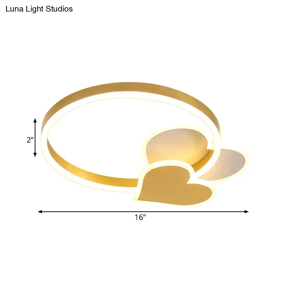 Led Ring Ceiling Light: Gold Loving Heart Flush Mount Lamp With Acrylic Shade In Warm/White Light