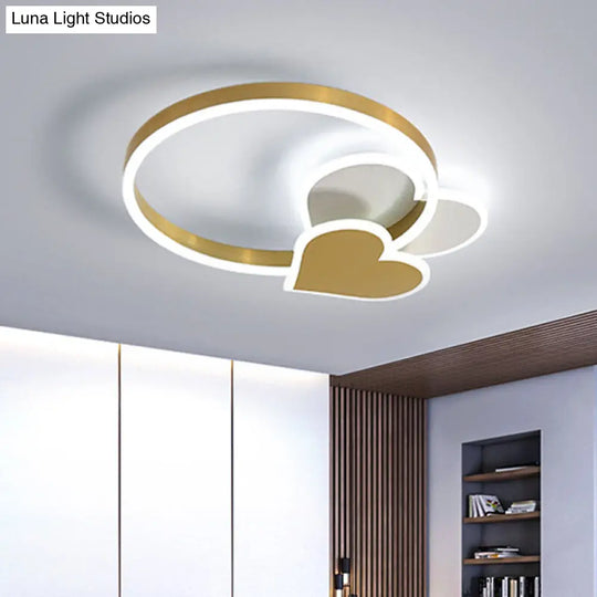 Led Ring Ceiling Light: Gold Loving Heart Flush Mount Lamp With Acrylic Shade In Warm/White Light