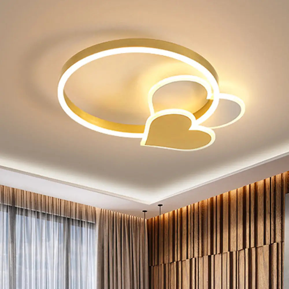 Led Ring Ceiling Light: Gold Loving Heart Flush Mount Lamp With Acrylic Shade In Warm/White Light /