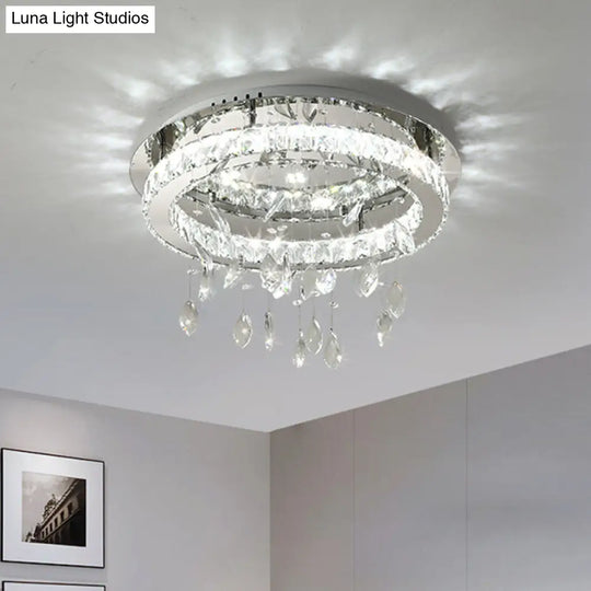 Led Ring Semi Flush Contemporary Stainless-Steel Ceiling Mount With Clear Rectangular-Cut Crystals
