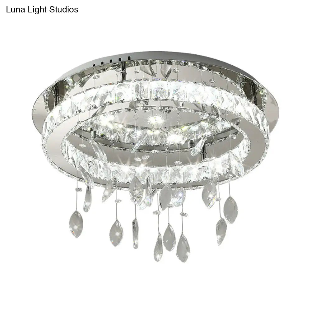 Led Ring Semi Flush Contemporary Stainless-Steel Ceiling Mount With Clear Rectangular-Cut Crystals