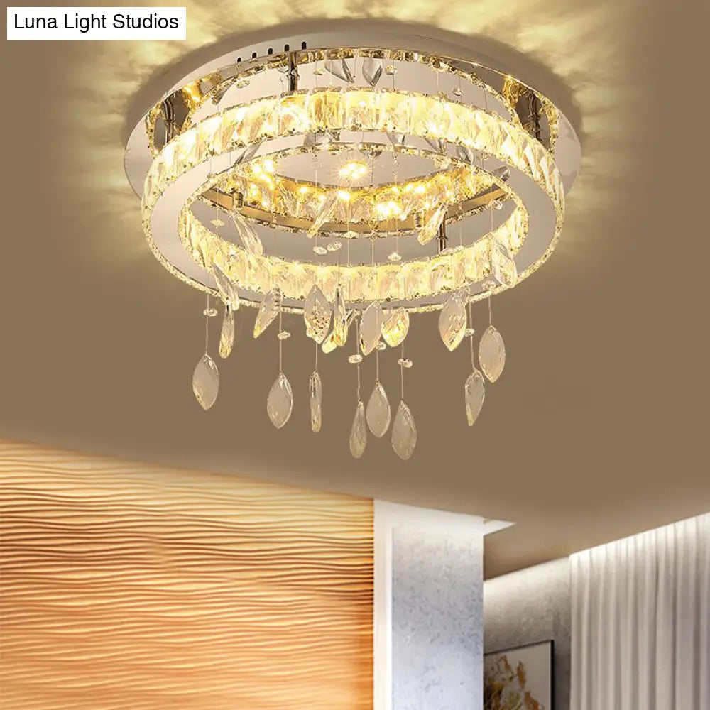 Led Ring Semi Flush Contemporary Stainless-Steel Ceiling Mount With Clear Rectangular-Cut Crystals