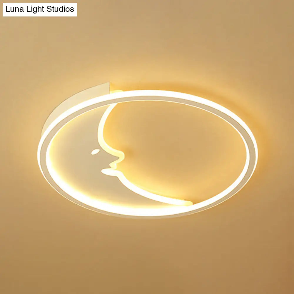 Led Simple White Flush Mount Bedroom Lighting With Moon Acrylic Shade - Warm/White Light Remote