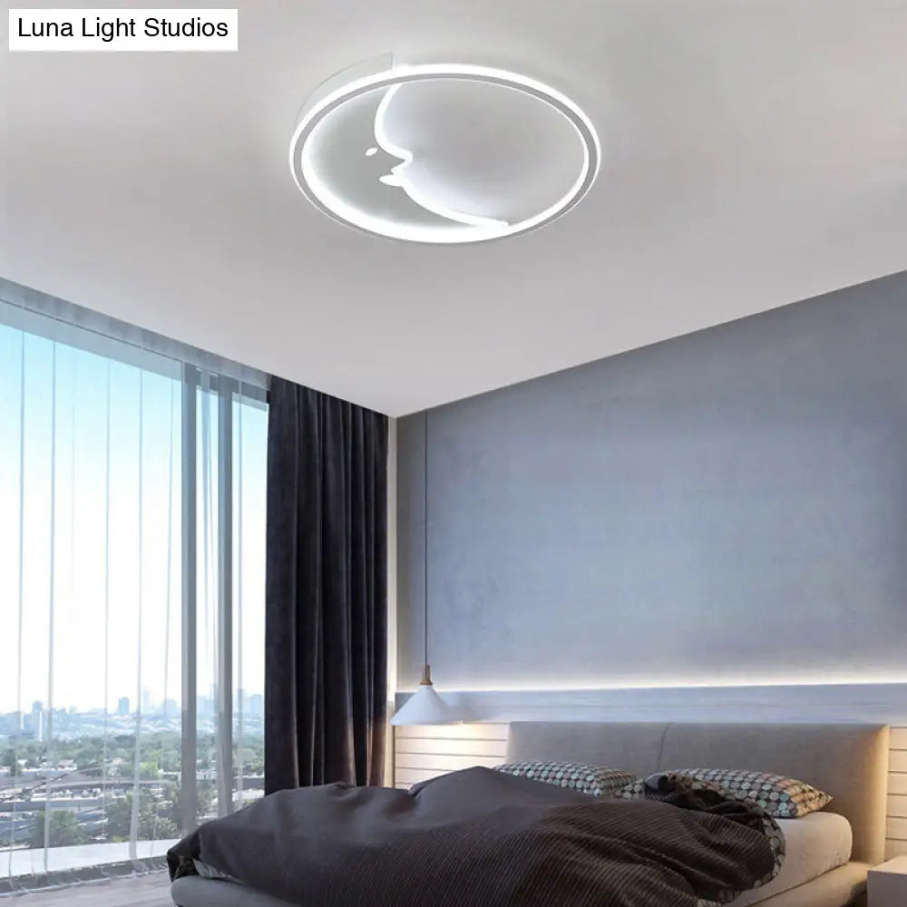 Led Simple White Flush Mount Bedroom Lighting With Moon Acrylic Shade - Warm/White Light Remote
