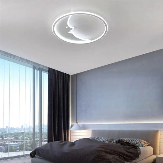 Led Simple White Flush Mount Bedroom Lighting With Moon Acrylic Shade - Warm/White Light Remote