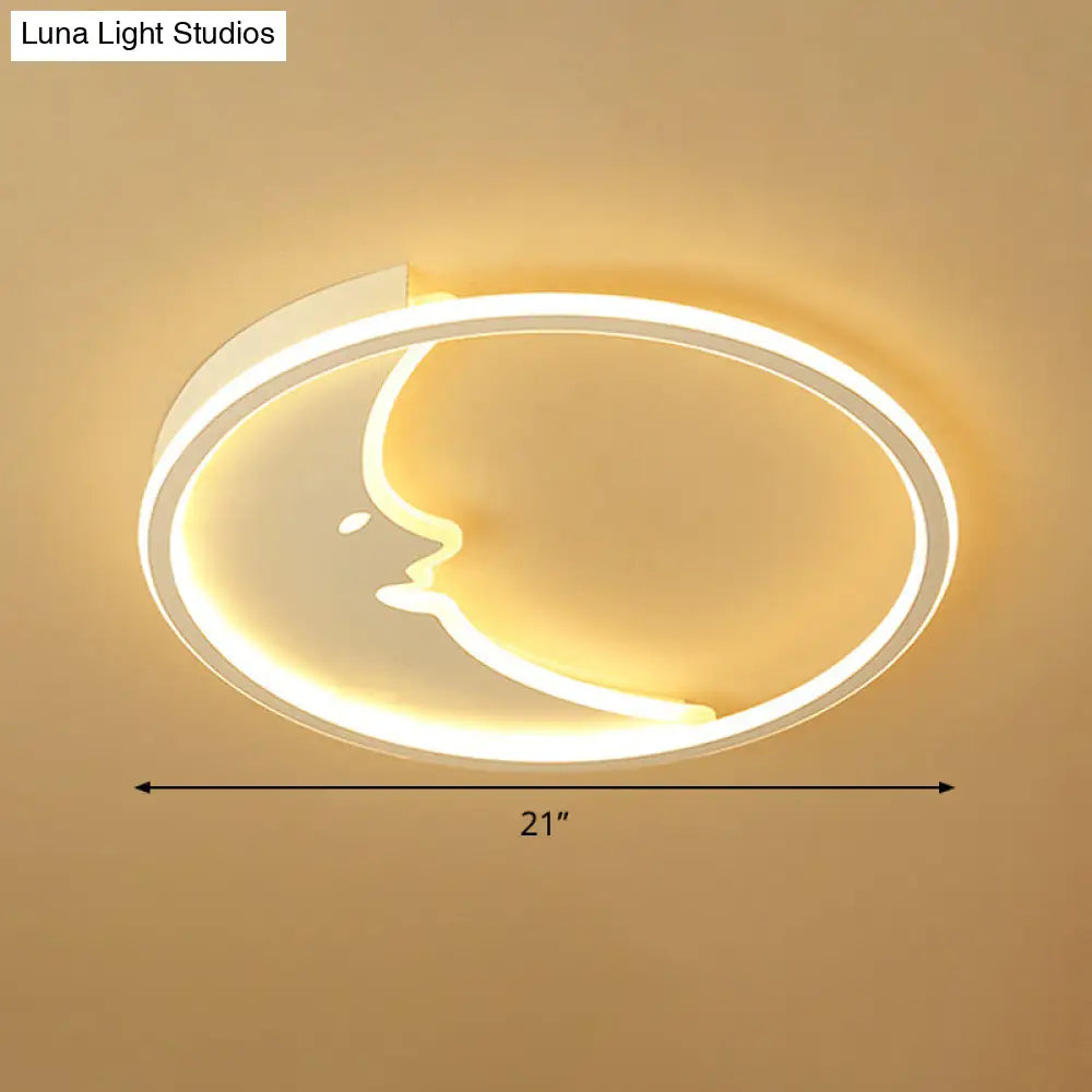 Led Simple White Flush Mount Bedroom Lighting With Moon Acrylic Shade - Warm/White Light Remote