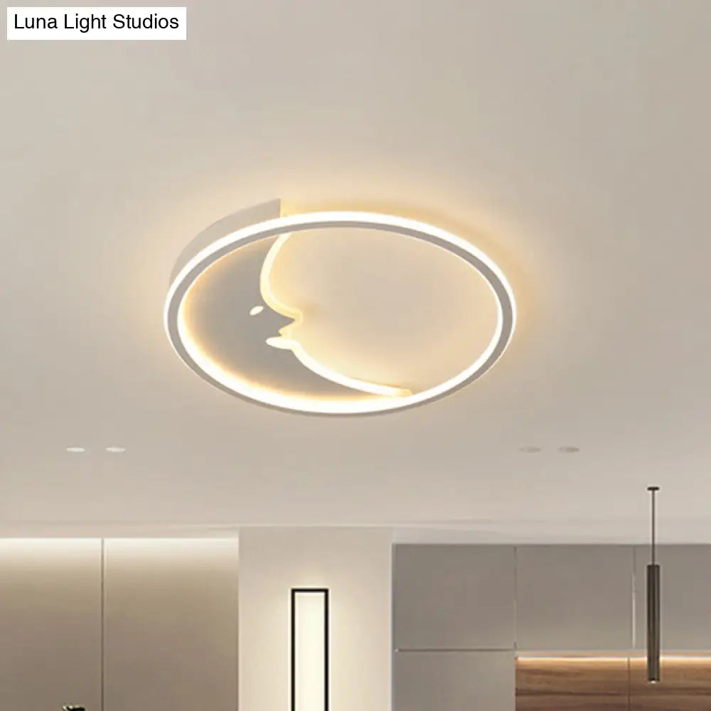 Led Simple White Flush Mount Bedroom Lighting With Moon Acrylic Shade - Warm/White Light Remote