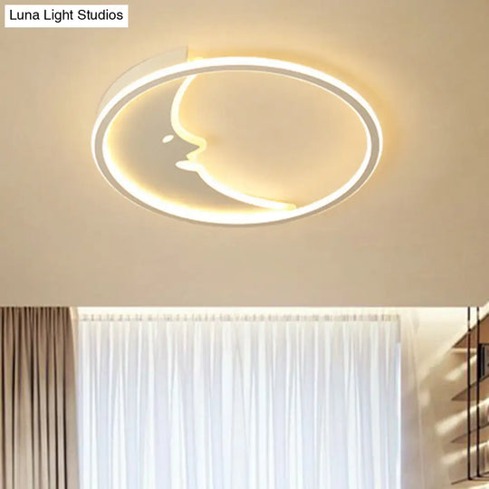 Led Simple White Flush Mount Bedroom Lighting With Moon Acrylic Shade - Warm/White Light Remote