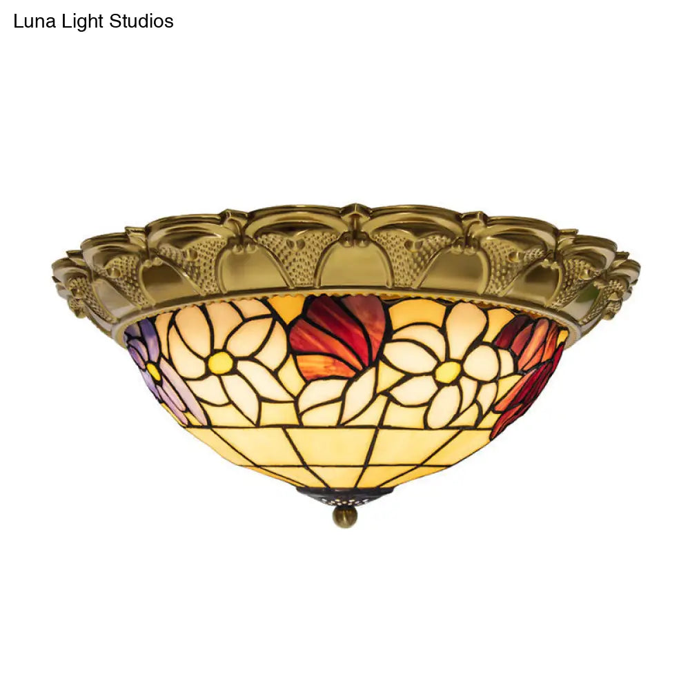 Led Stained Glass Flower Flush Mount Ceiling Light In Brass - Multiple Sizes Available