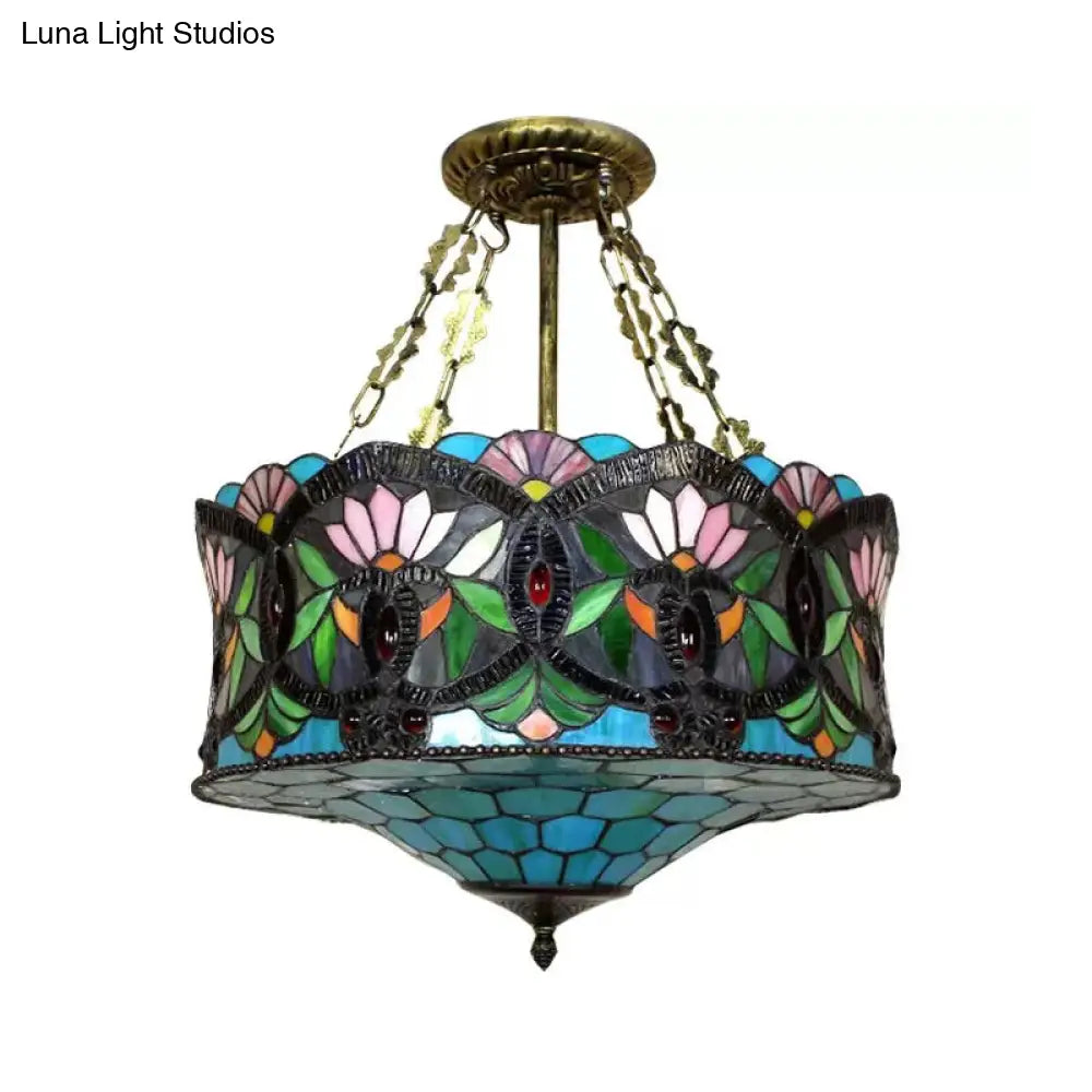 Led Stained Glass Living Room Ceiling Light - Baroque Style 18 W Drum