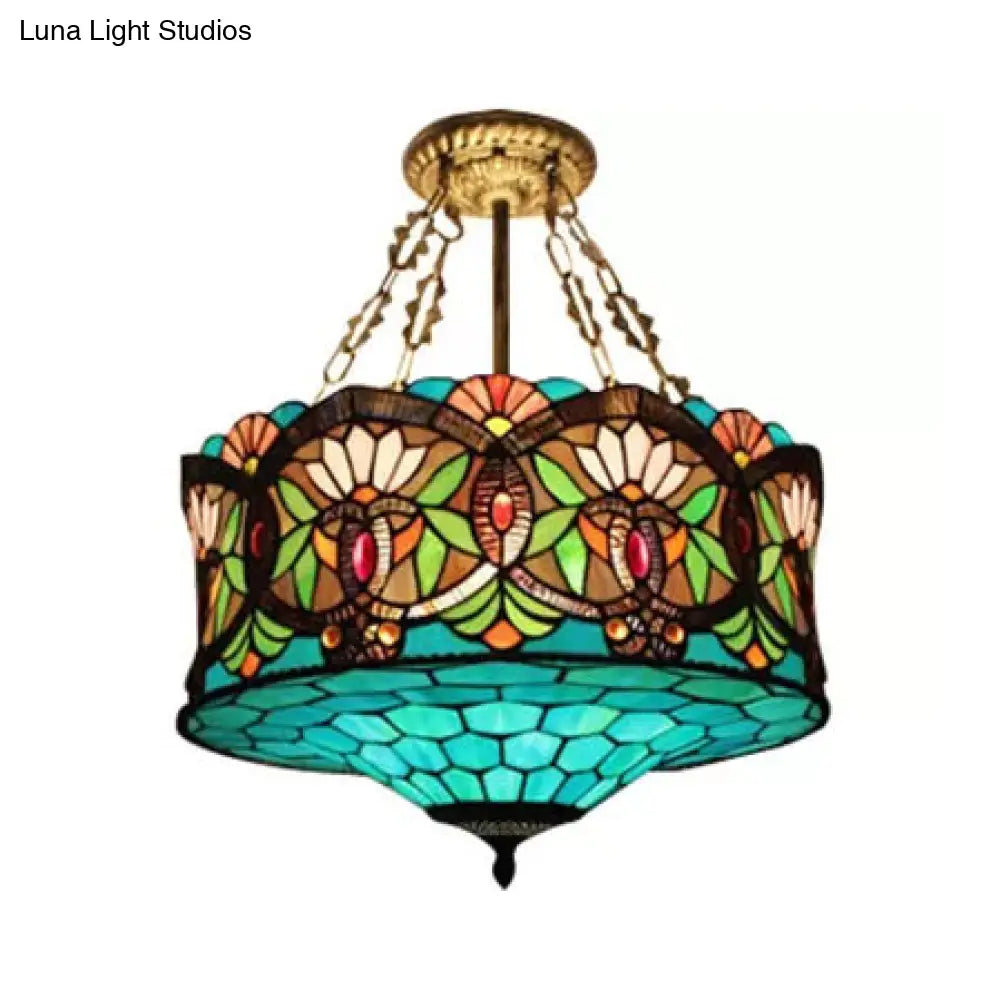 Led Stained Glass Living Room Ceiling Light - Baroque Style 18 W Drum Aqua / Flushmount