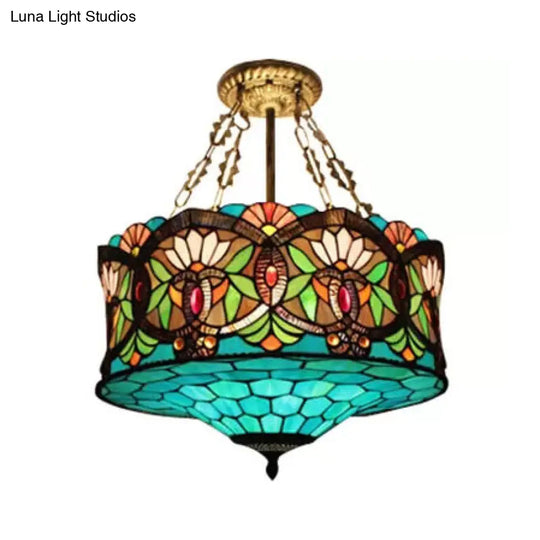 Led Stained Glass Living Room Ceiling Light - Baroque Style 18 W Drum Aqua / Flushmount