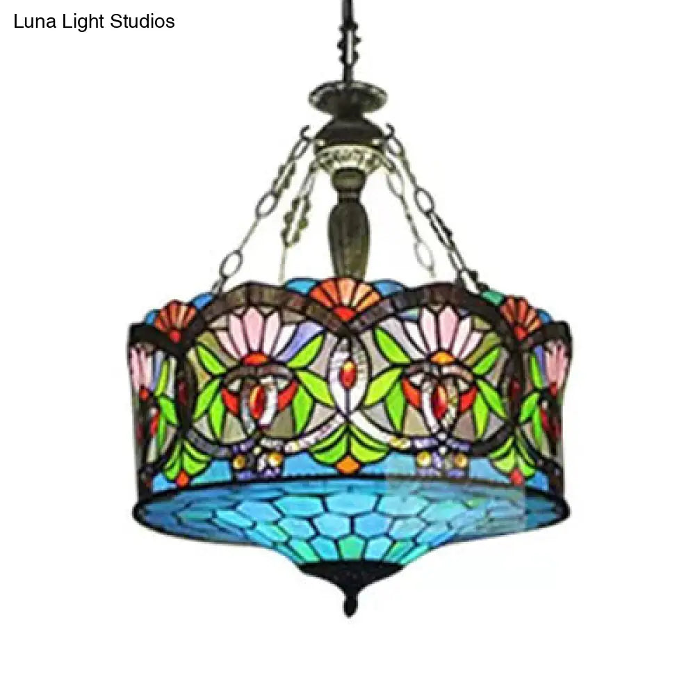 Led Stained Glass Living Room Ceiling Light - Baroque Style 18 W Drum Aqua / Downrods